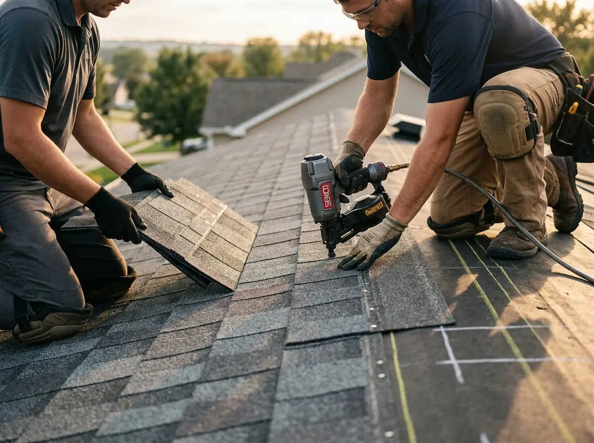 Professional roofer working on a residential roof in Terrytown